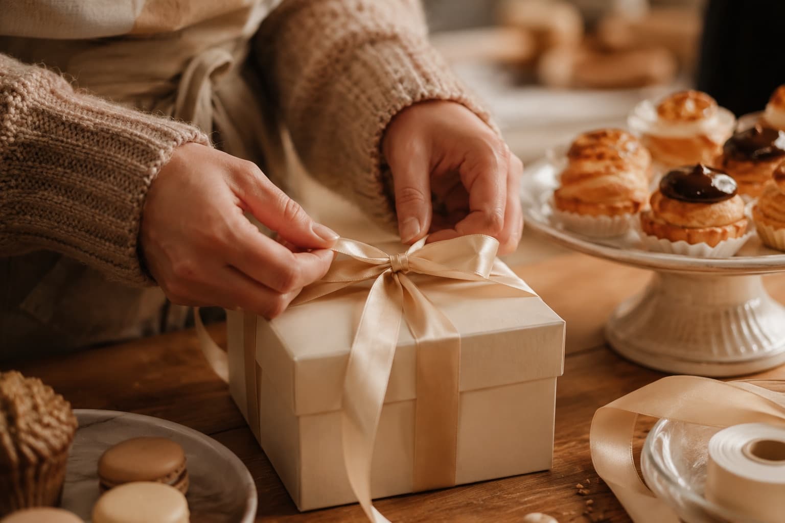 Tying a ribbon on a box of homemade treats